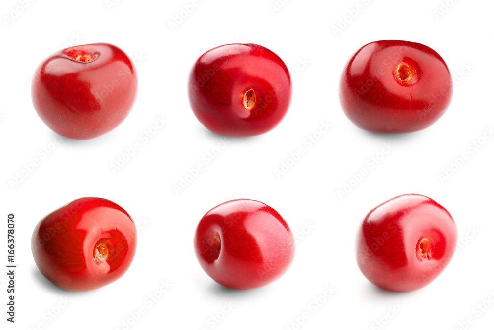 Collage of red cherries on white background