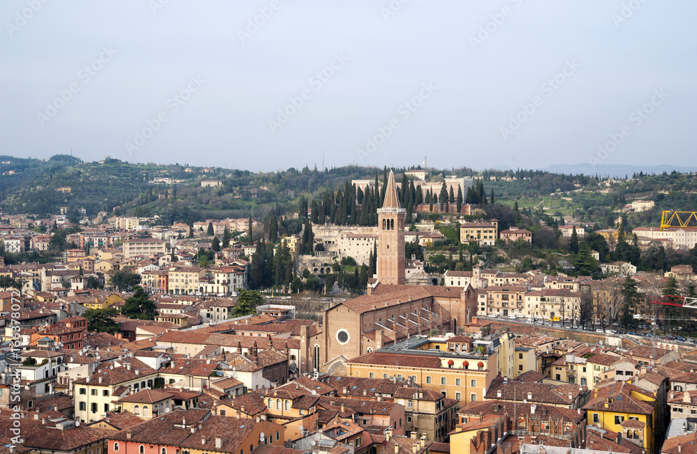 Verona's landscape with Basilica of San Zeno Basilica in the middle, Italy
