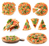 Collage of delicious pizzas with basil leaves on white background