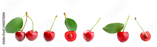 Collage of red cherries and green leaves on white background