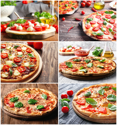 Collage of delicious pizzas with basil leaves