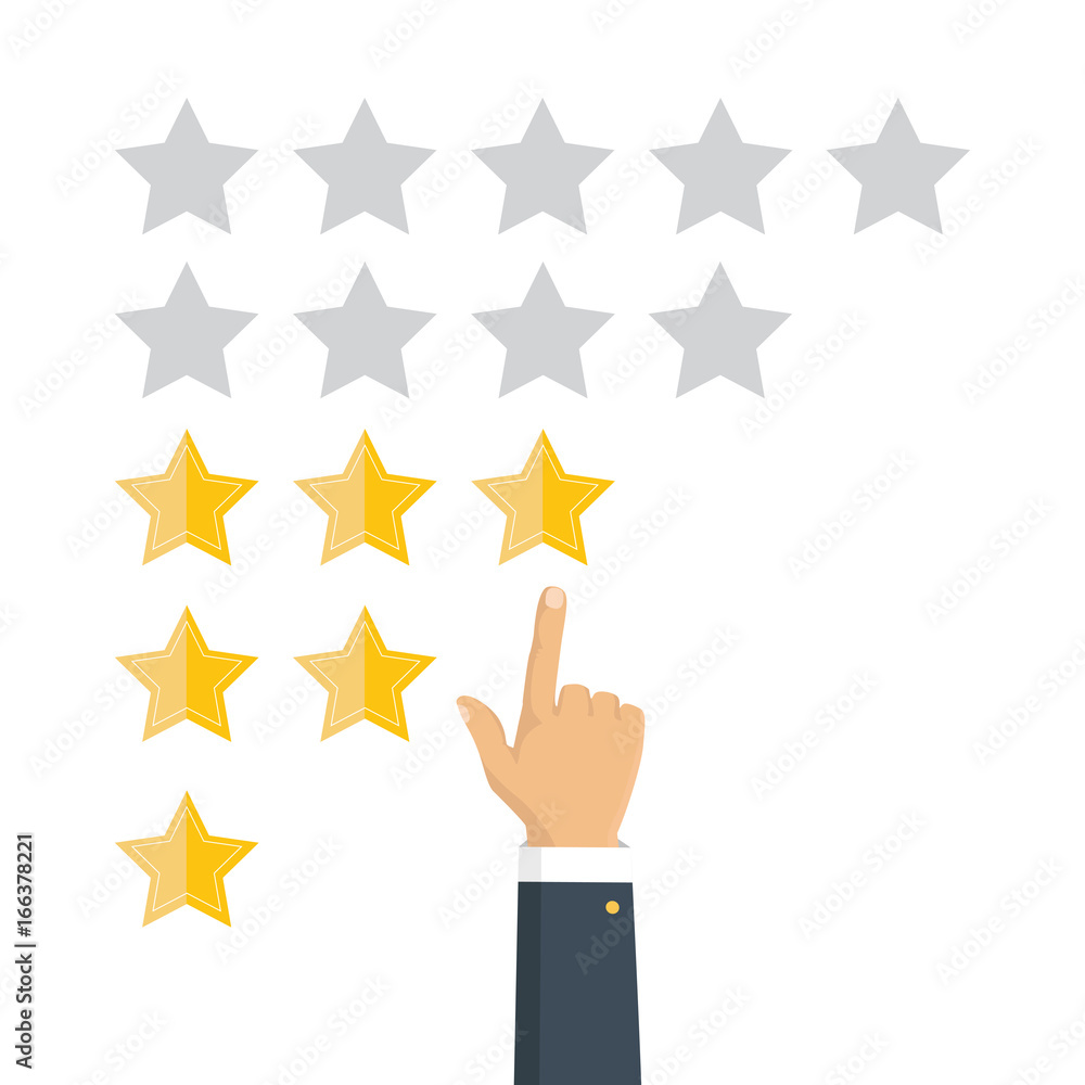 Rating golden stars. Feedback, reputation and quality concept. Hand pointing, finger pointing to five star rating. Customer review concept. Vector Rating golden stars. Feedback, reputation and quality concept. Hand pointing, finger pointing to five star rating. Customer review concept. Vector