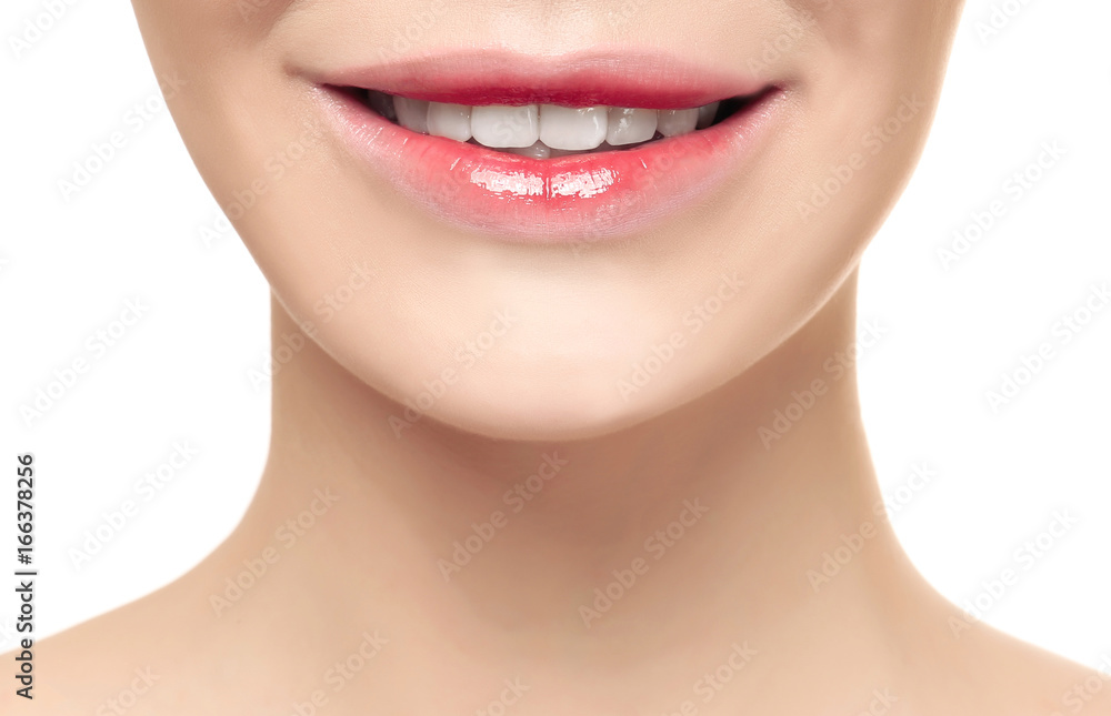 Obraz premium Young woman with beautiful lips on white background, closeup