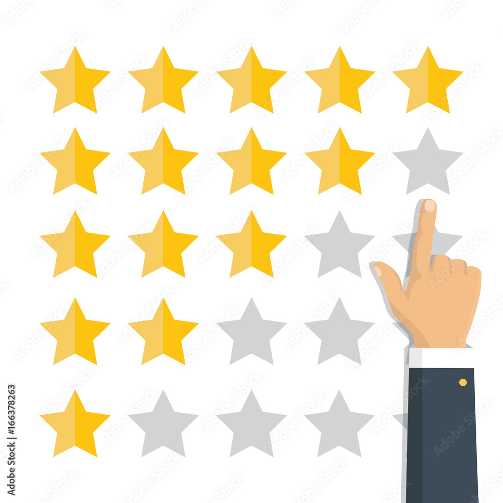 Rating golden stars. Feedback, reputation and quality concept. Hand pointing, finger pointing to five star rating. Customer review concept. Vector Rating golden stars. Feedback, reputation and quality concept. Hand pointing, finger pointing to five star rating. Customer review concept. Vector