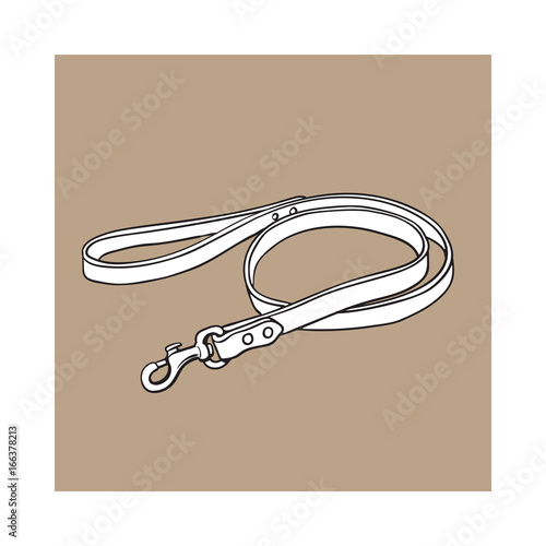 Simple pet, cat, dog brown leather leash with metal fastener, black and white sketch style vector illustration isolated on brown background. Hand drawn pet, dog leash, lead made of thick leather