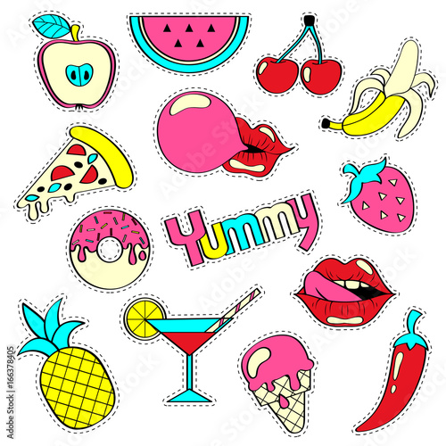 Girlish patch badges with banana, strawberry, watermelon, ice cream, cocktail, pineapple, bubble gum, lips, pizza, cherry. Stickers set. Yummy collection