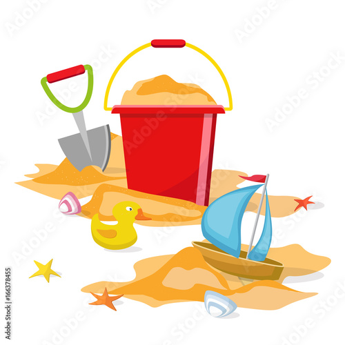 Beach toys isolated. Pail, shovel, starfish, bucket, duckling, shell, sand. Summer time flat design. Vector