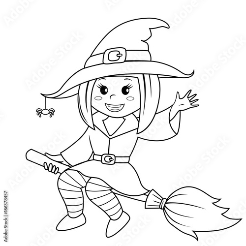 Halloween witch flying on broom. Black and white vector illustration for coloring book