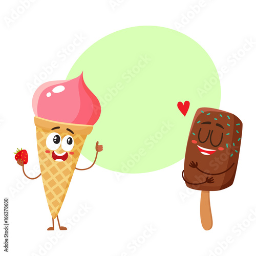 Two funny ice cream characters - strawberry cone and chocolate popsicle, cartoon style vector illustration with space for text. Two cute smiling strawberry and chocolate ice cream characters