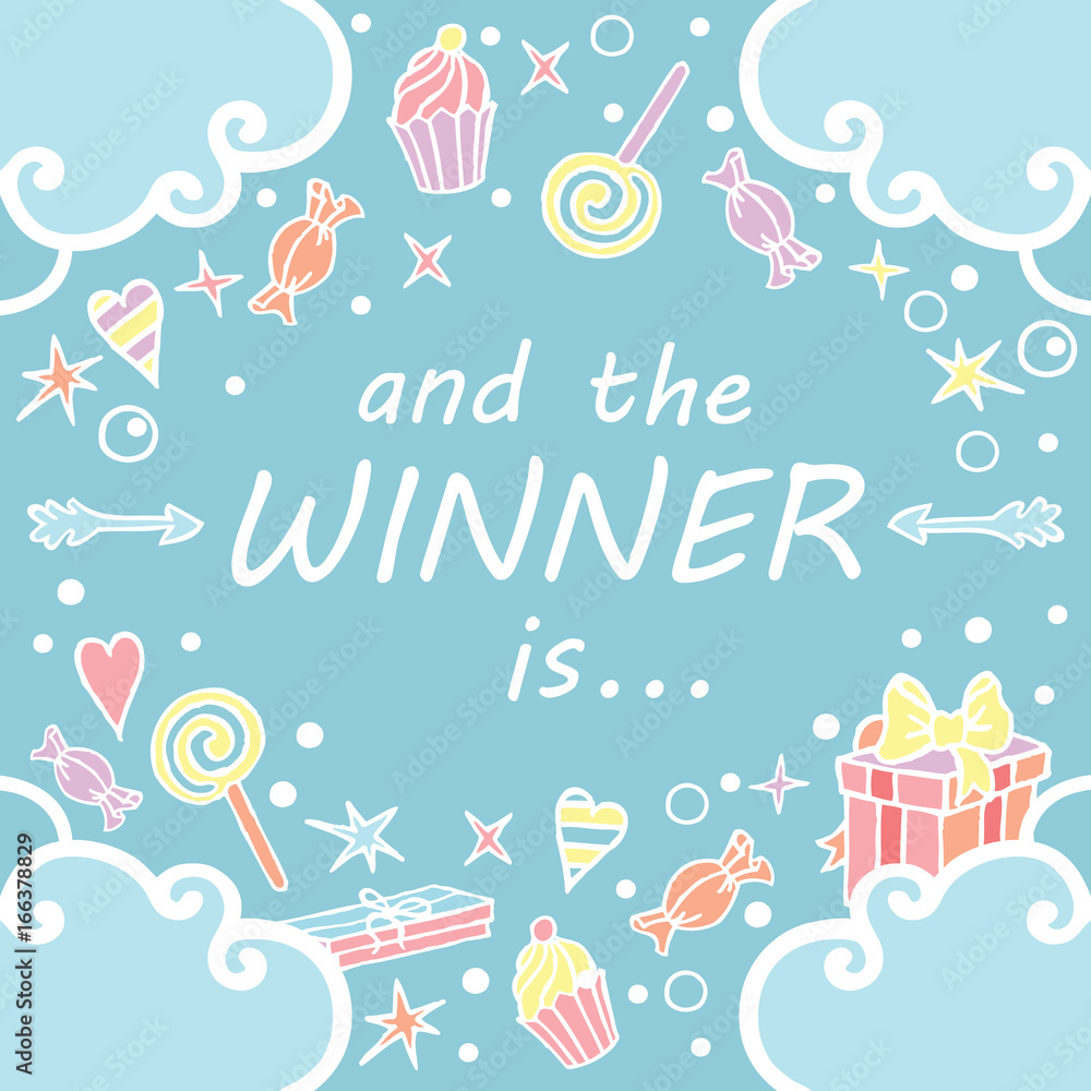 And the winner is. Giveaway banner for social media contests. / Squared pop background with freehand draw in blue colors