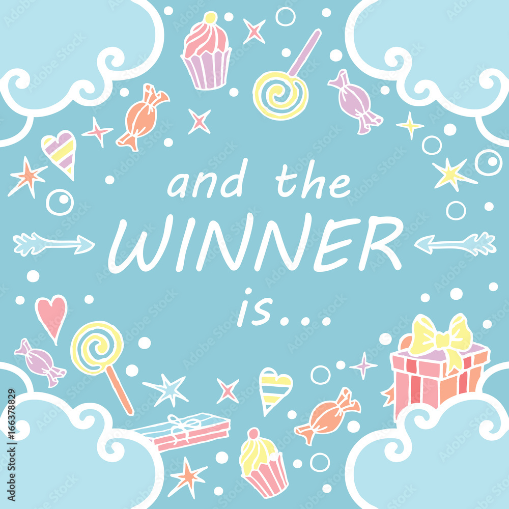 And the winner is. Giveaway banner for social media contests. / Squared pop background with freehand draw in blue colors And the winner is. Giveaway banner for social media contests. / Squared pop background with freehand draw in blue colors