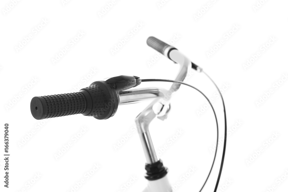 Bicycle handlebar on white background, closeup Bicycle handlebar on white background, closeup