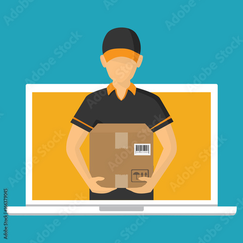 Vector illutration of fast delivery service. Express delivery courier service. Man courier with box in his hands.