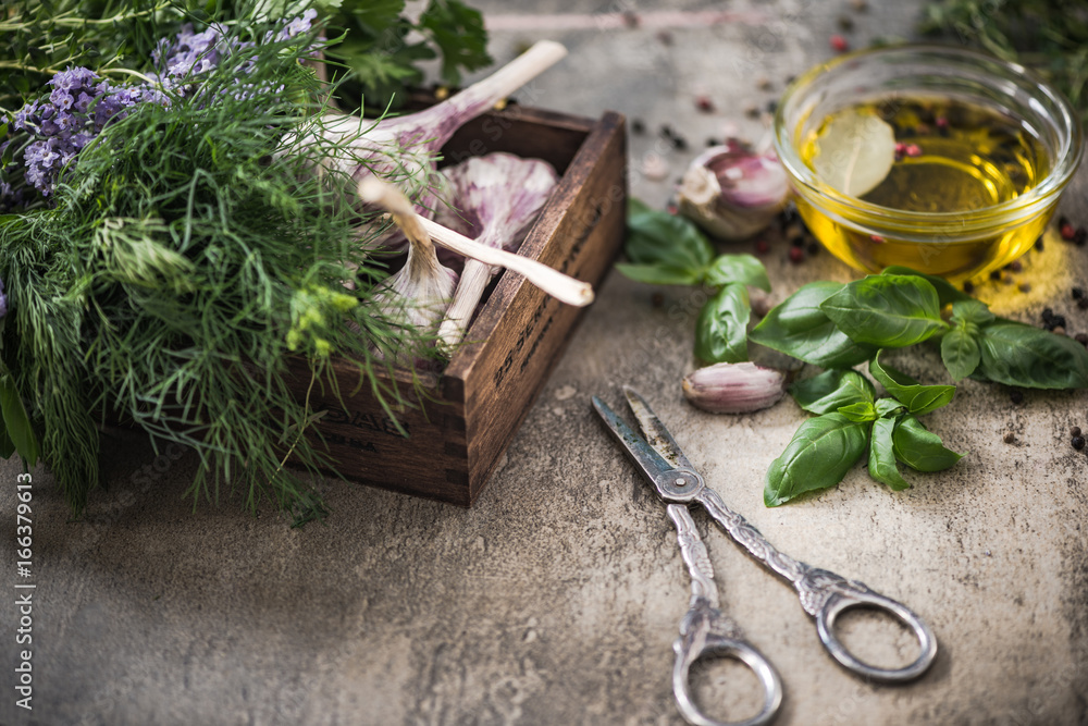 Garden harvest of fresh herbs and spices Garden harvest of fresh herbs and spices