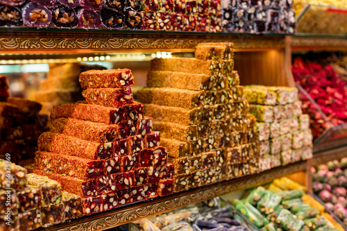 Photography Turkish sweets in the Egyptian bazaar. Istanbul. Turkey