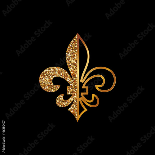 Fleur de lis symbols, golden glittering silhouettes - heraldic symbols. Vector Illustration.Medieval signs.Glowing french fleur de lis royal lily. Elegant decoration symbols.