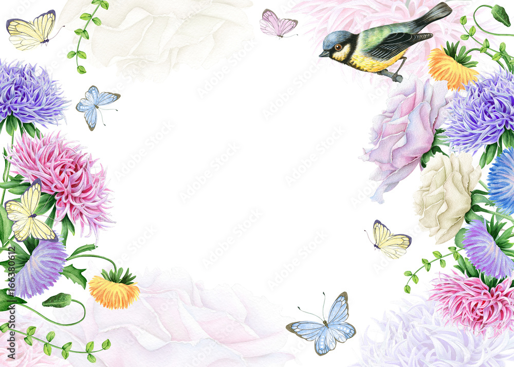 Watercolor Floral Frame with Bird and Butterflies Stock Illustration ...