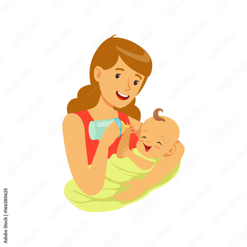 Happy mother holding her baby and feeding with milk bottle colorful vector Illustration Happy mother holding her baby and feeding with milk bottle colorful vector Illustration