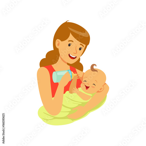 Happy mother holding her baby and feeding with milk bottle colorful vector Illustration