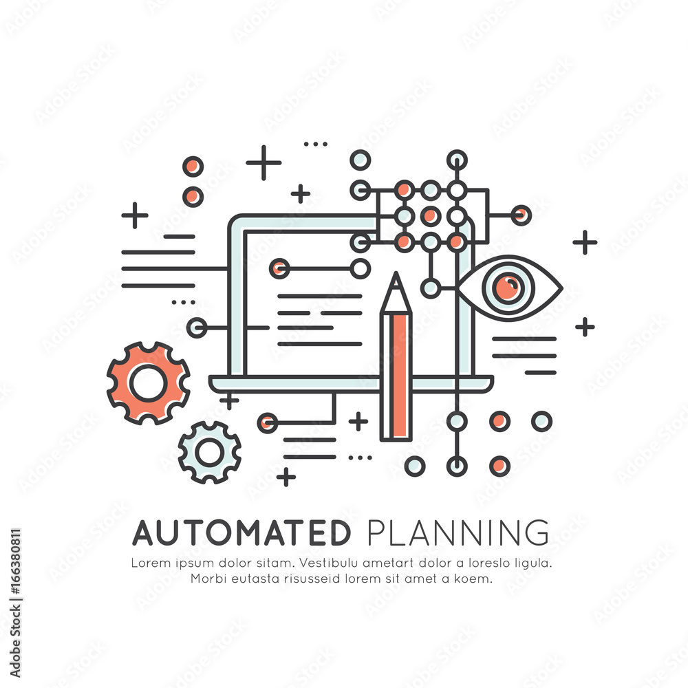 Vector Icon Style Illustration Concept of Machine Learning, Artificial Intelligence, Automated Planning, Technology of Future, Isolated Symbols for Web and Mobile Vector Icon Style Illustration Concept of Machine Learning, Artificial Intelligence, Automated Planning, Technology of Future, Isolated Symbols for Web and Mobile