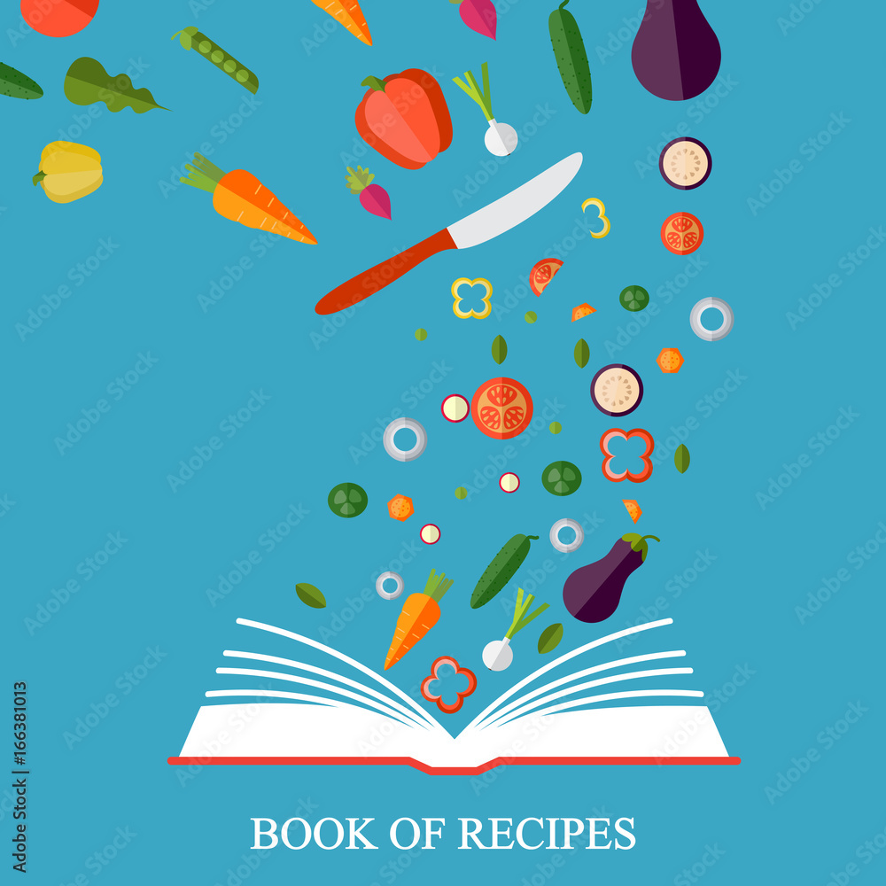 Book of recipes, cookbook, best recipes. Vegetarian, healthy eating concept. Vector concept illustration