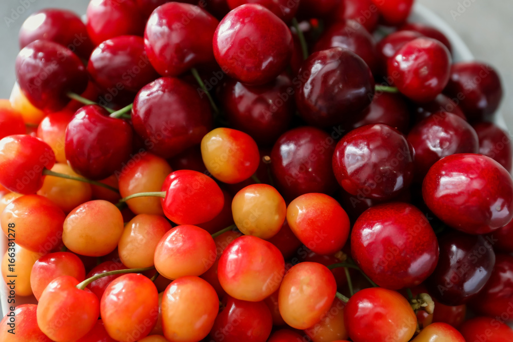 Plate with fresh ripe cherries, close up Plate with fresh ripe cherries, close up