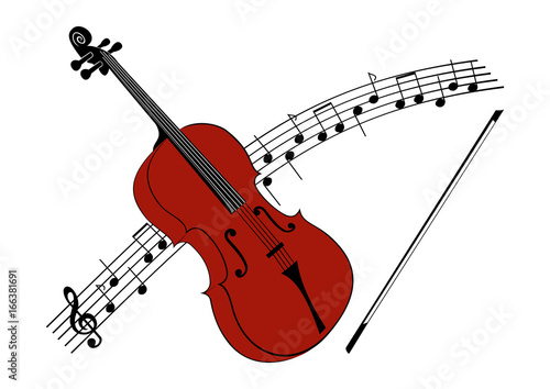 A viola or a violin with a string, in the background with a notation