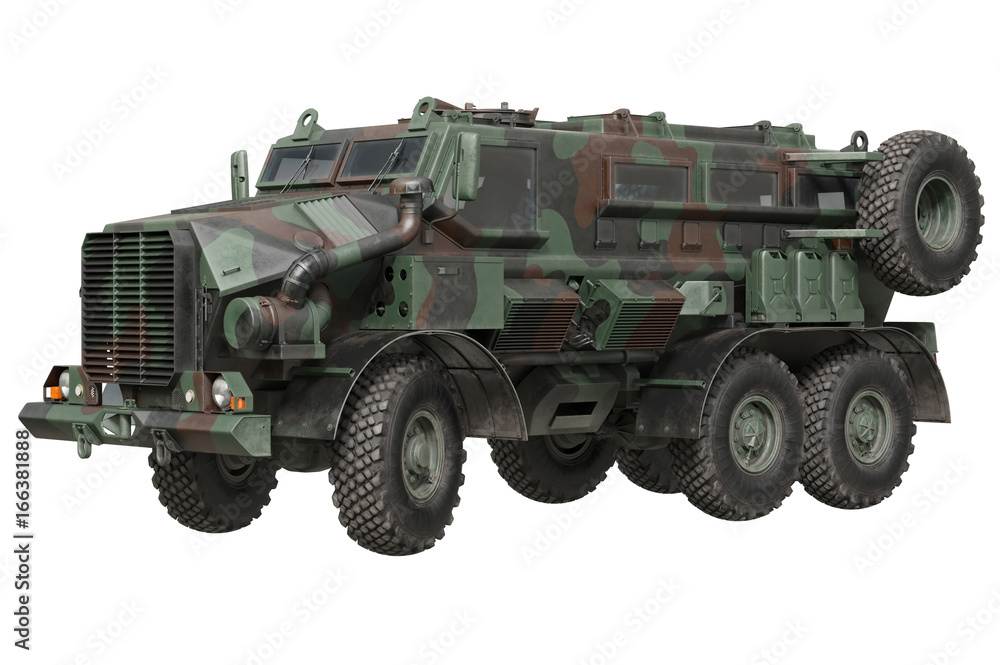 Truck military camouflaged armored car transportation. 3D rendering Truck military camouflaged armored car transportation. 3D rendering