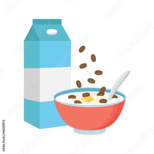 Cereal bowl with milk, smoothie isolated on white background. Concept of healthy and wholesome breakfast. Vector illustration