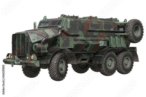 Truck military camouflaged armored car transportation. 3D rendering
