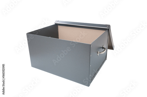 Opened cardboard box on white background