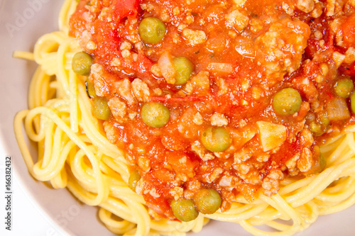 Gluten-free Spaghetti bolognese with pea (corn and rice pasta) photo