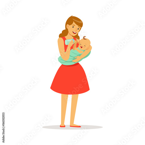 Beautiful young mother in red dress holding her baby and feeding with milk bottle colorful vector Illustration