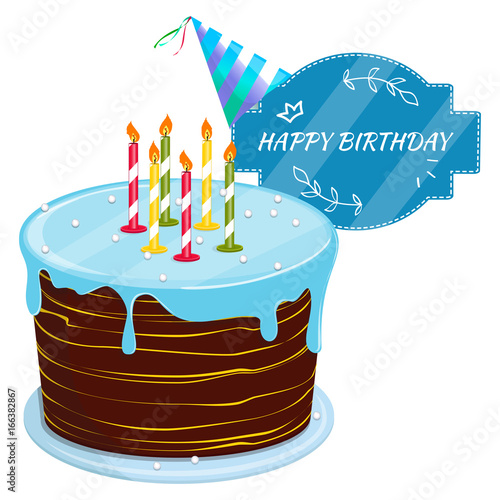 Blackboard with a congratulation. Festive hat. Vector illustration. Cute cartoon happy birthday cake with candles.