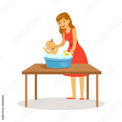 Happy mother in red dress washing little baby, kid playing with foam bubbles colorful vector Illustration