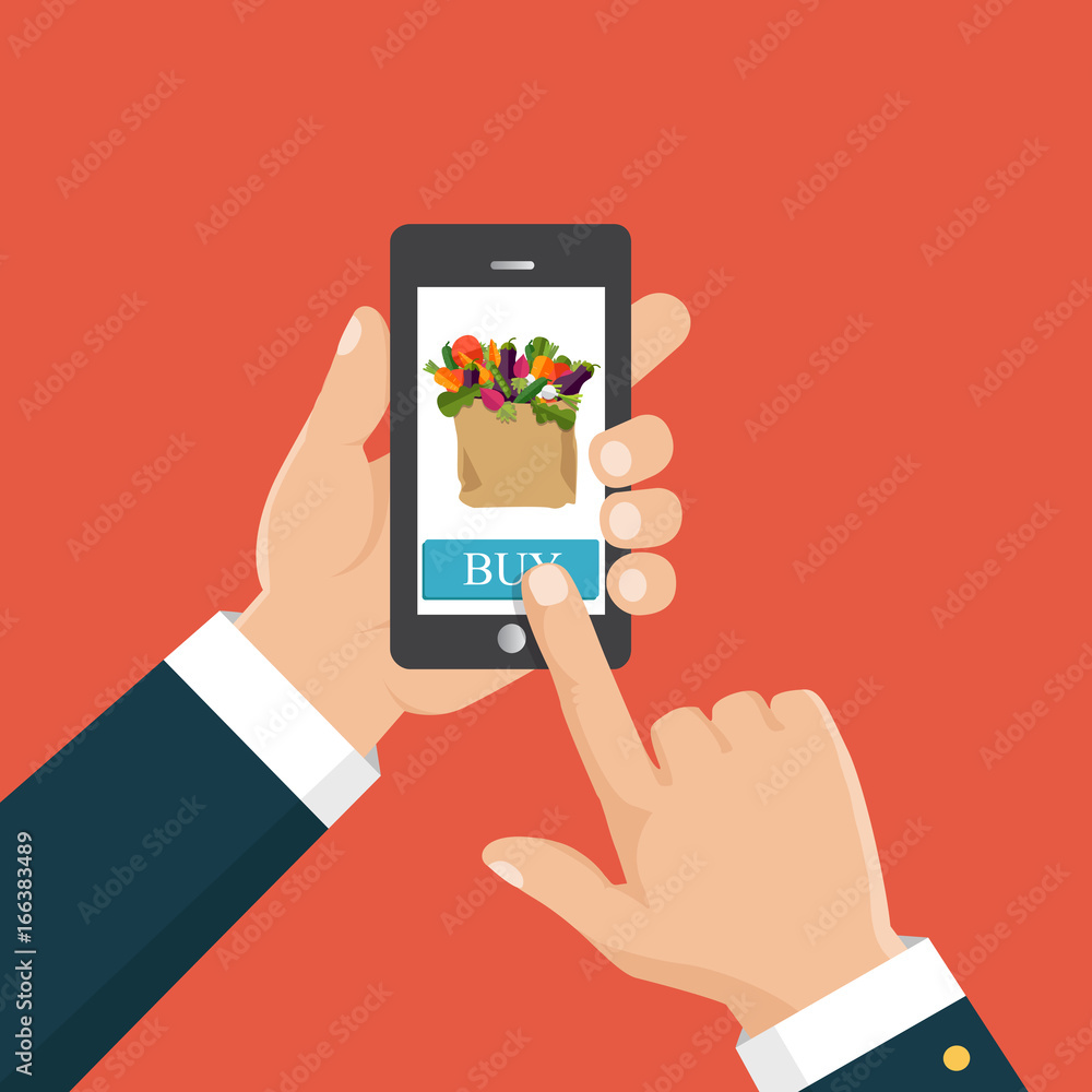 Hand ordering fresh food hold smartphone with food basket on the screen. Buy food online. Flat vector illustration.