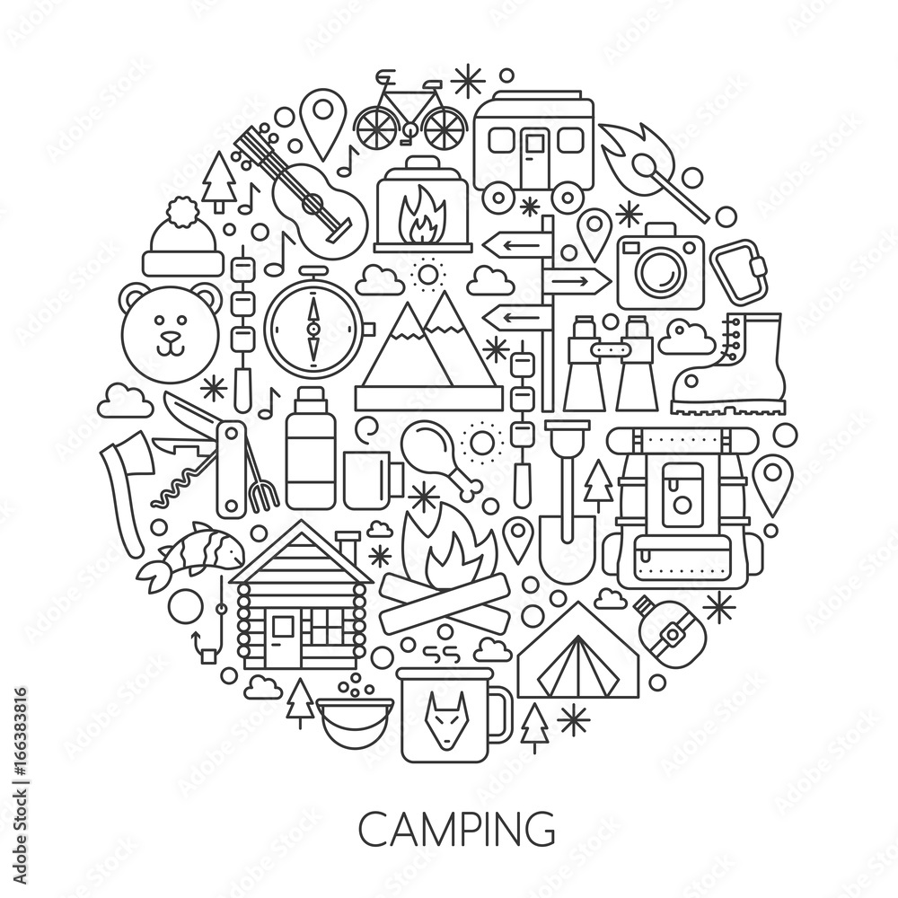 Camping, hiking tools and Equipment infographic in circle - concept line vector illustration for cover, emblem, badge. Outline icons set.
