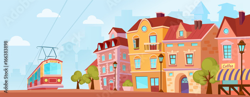 Sunny historical city street. Old city banner with tram. Cartoon vector illustration. © lembergvector