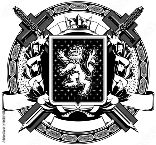 The black white coat of arms with swords, wreath, crown, ribbon and lion on the shield