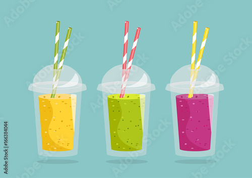Smoothie with different flavours, take away. Healthy fresh juice fresh. Cartoon smoothie in a transparent plastic glass. Vector illustration