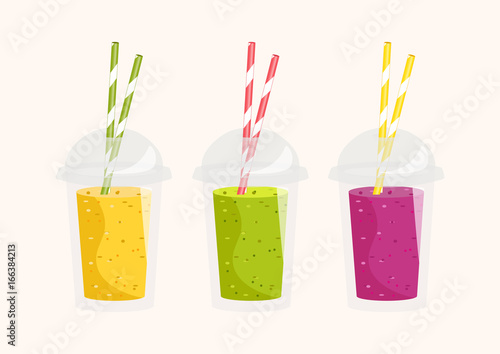 Smoothie with different flavours, take away. Healthy fresh juice fresh. Cartoon smoothie in a transparent plastic glass. Vector illustration