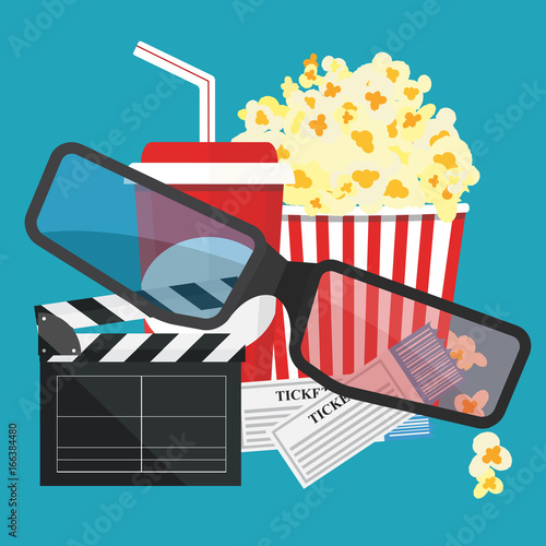 Vector illustration. Popcorn and drink. Film strip border. Cinema movie night icon in flat design style. Bright background.