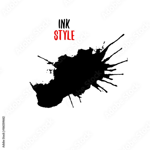Black ink splatter, black hand drawn blot or splash on white background. Vector isolated illustration