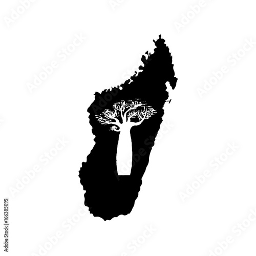 Tableau sur toile Vector silhouette of black Madagascar with white baobab silhouette inside