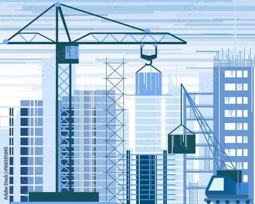 Vector illustration of buildings constructions site and cranes. skyscraper under construction. excavator, tipper at sky background in flat style.