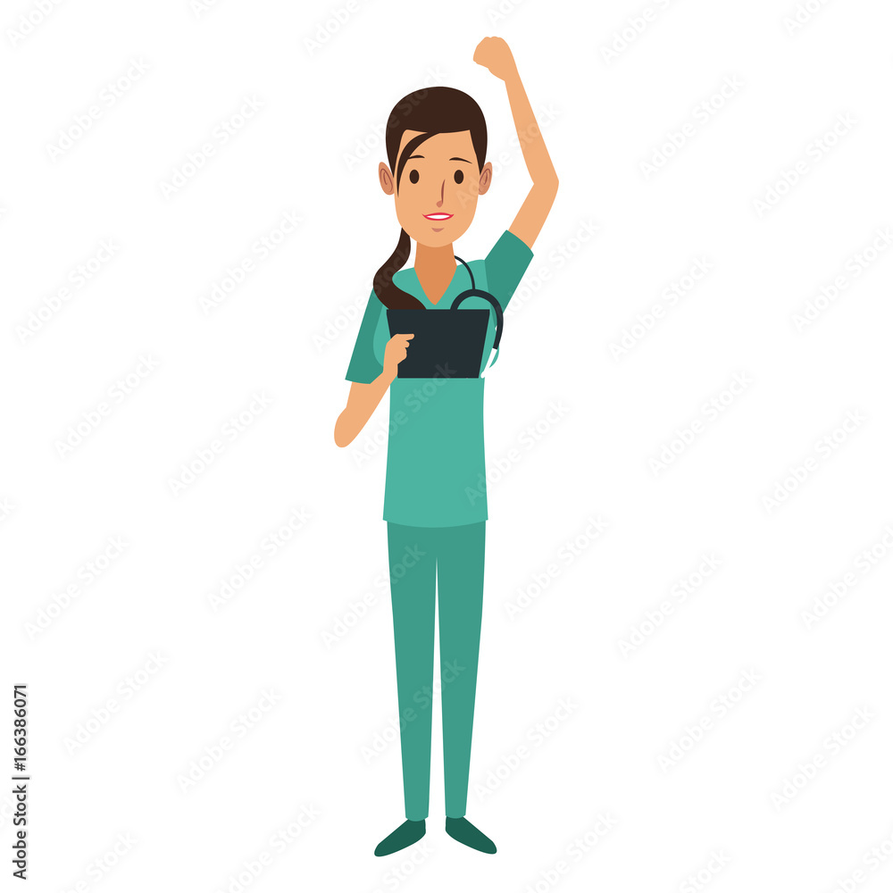 surgeon medical doctor woman wear green surgery scrub suit and stethoscope clipboard