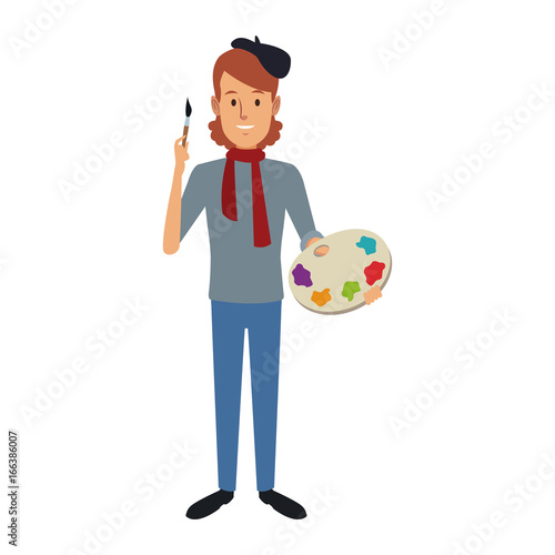 portrait of happy male painter artist painting with colorful palette standing