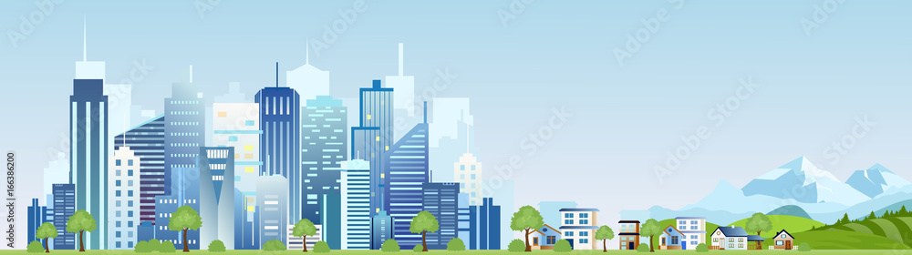 Plakat Ilustracja wektorowa krajobrazu miejskiego miasta przemysłowego. Duże nowoczesne miasto z drapaczami chmur, górami i wiejskimi domami w stylu płaskiej kreskówki.
