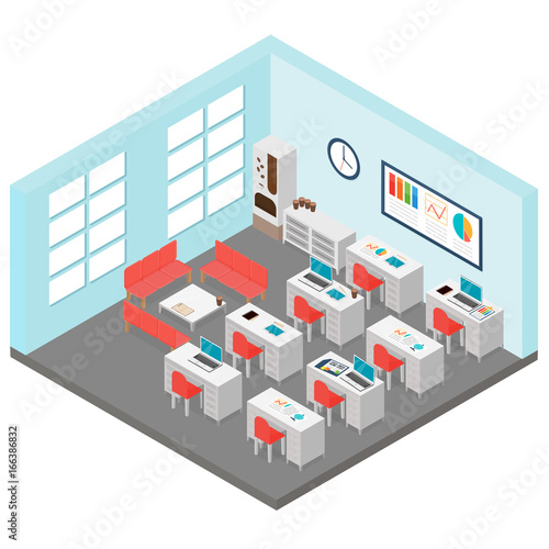 Vector illustration of isometric office room. Includes table, office chairs, coffee machine, laptops in cartoon flat style.