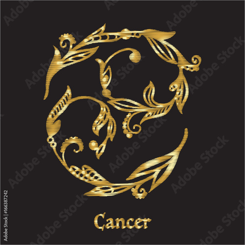 Embroidery with zodiac sign. In gold on black background. 
 Stock line vector illustration.